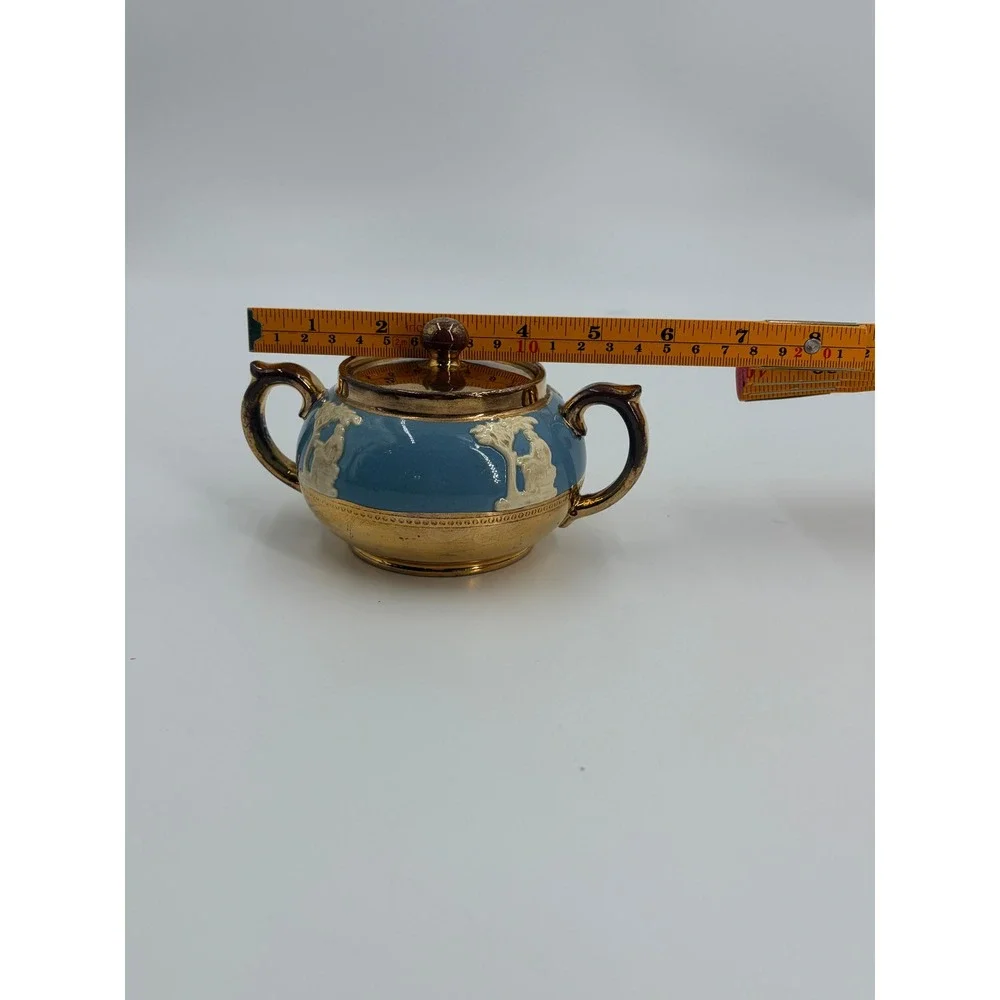 Vintage Gibson Staffordshire England Blue‎ Gold Lidded Sugar Bowl
